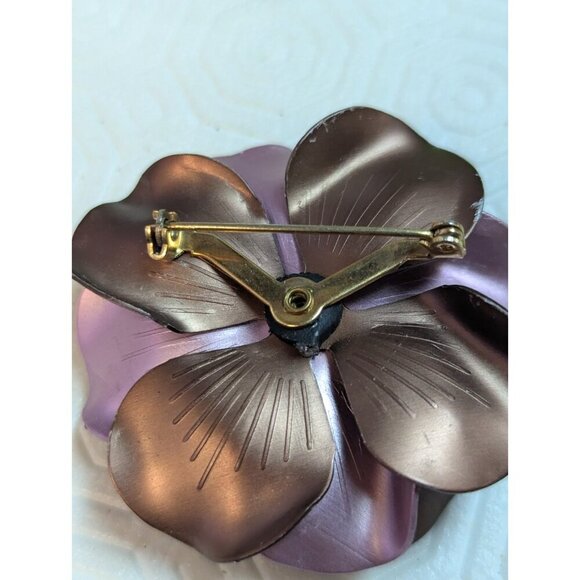 VTG Metal Enamel Flower Brooche Pin Satin Pink Brown Fucsia Rhinesto Large 2.5" - Picture 5 of 8